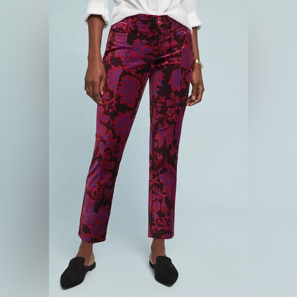 Anthropologie Women’s Essential Slim Velvet Floral Pattern Pants size 8 - Picture 1 of 7